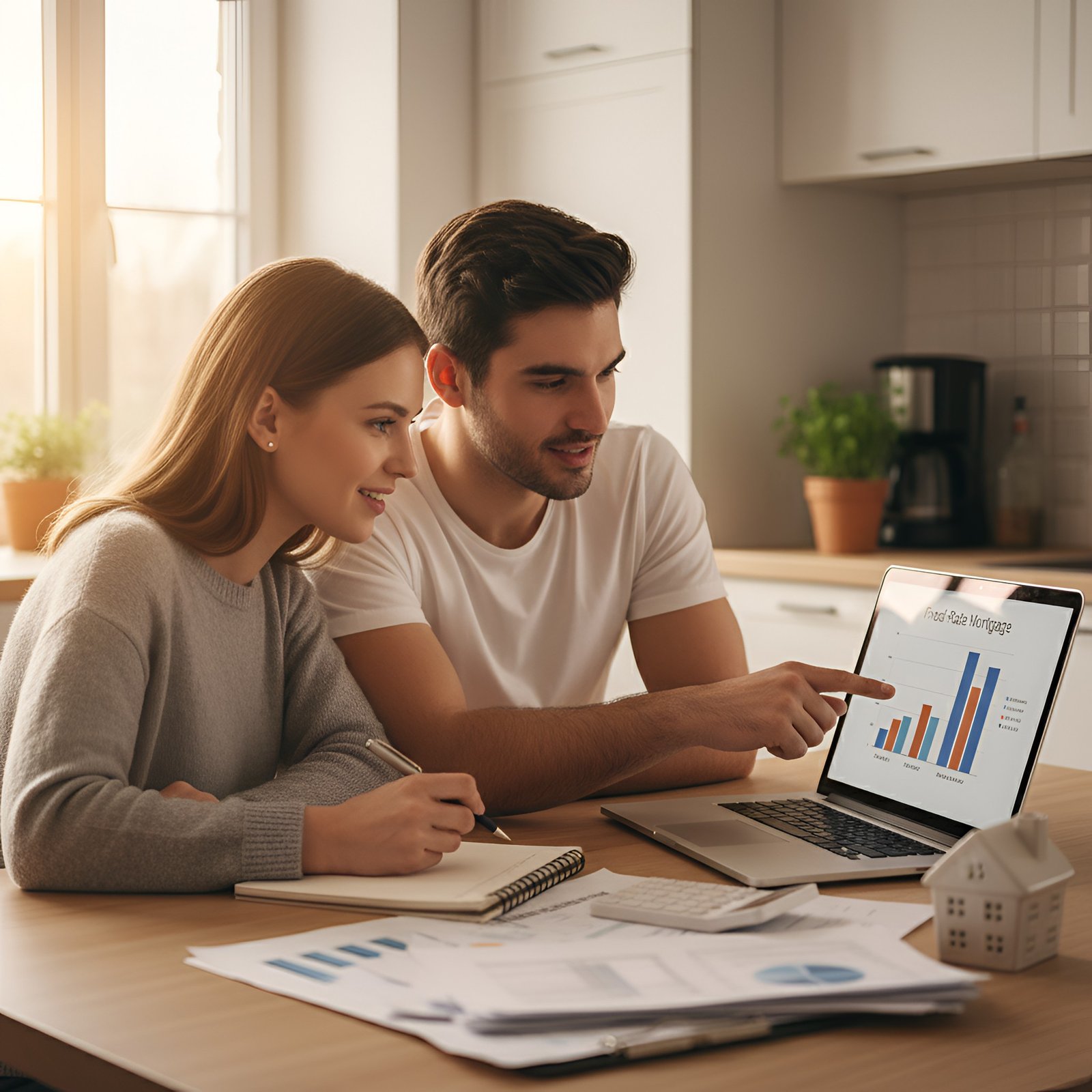 A couple sits at a kitchen table in California, reviewing mortgage information on a laptop, with documents and a small model house nearby, in a sunny, warm setting.