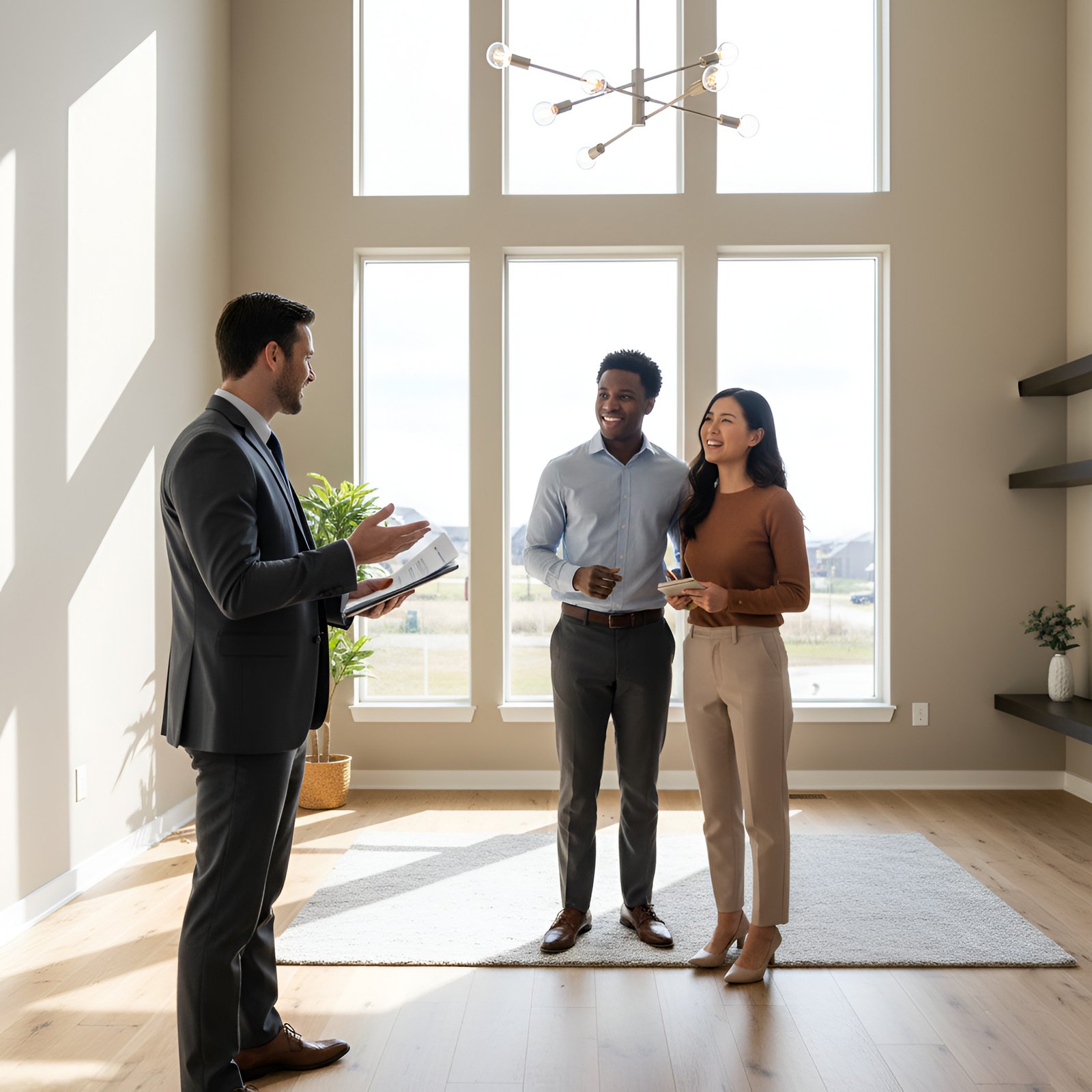 A realtor shows a bright, modern California living room with big windows to a smiling couple.