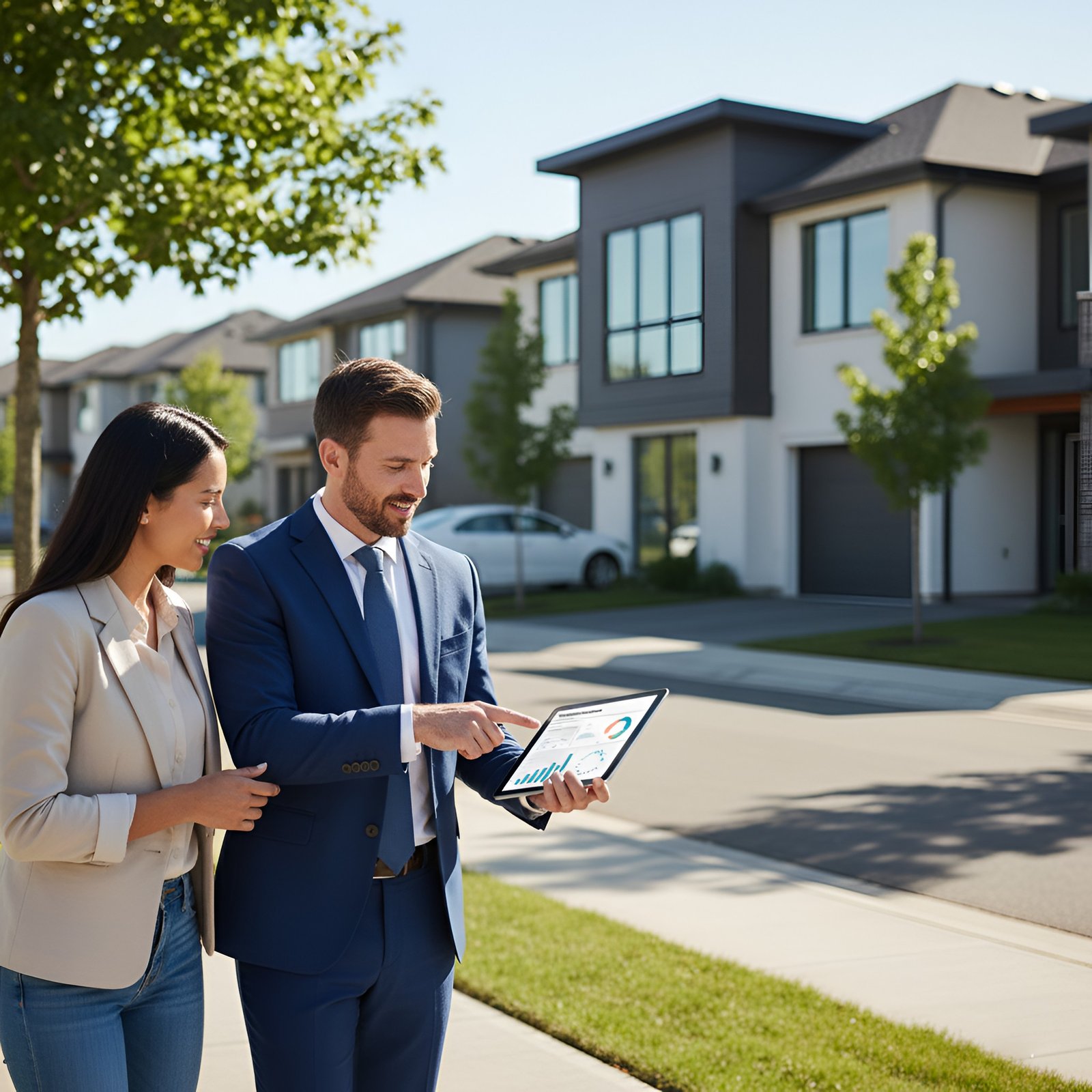 A smiling man in a blue suit shows a financial graph on a tablet to a woman in casual clothes on a sunny California street with modern houses.