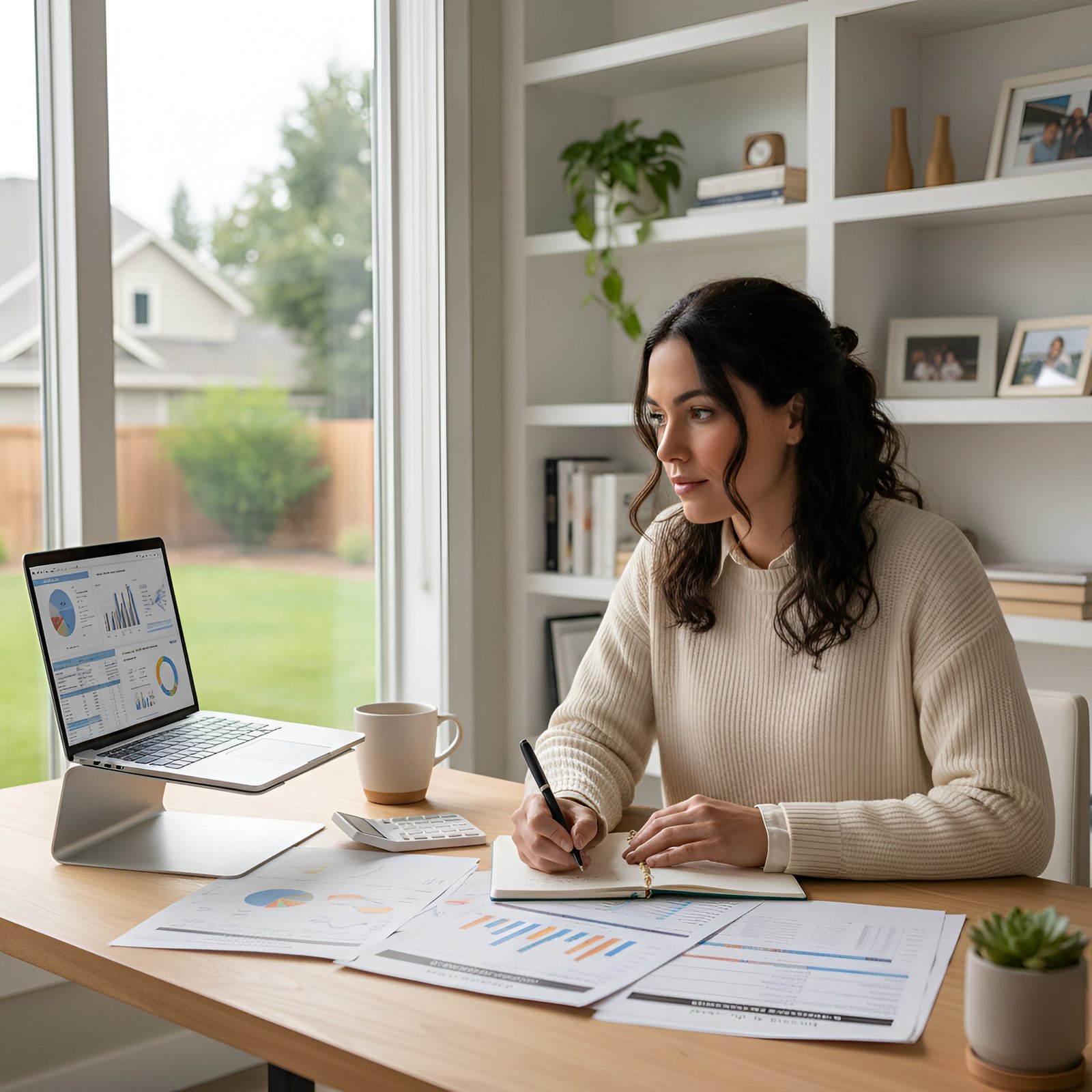 A woman in a beige sweater works at a wooden desk in California, writing in a notebook with a laptop showing graphs and papers around her.