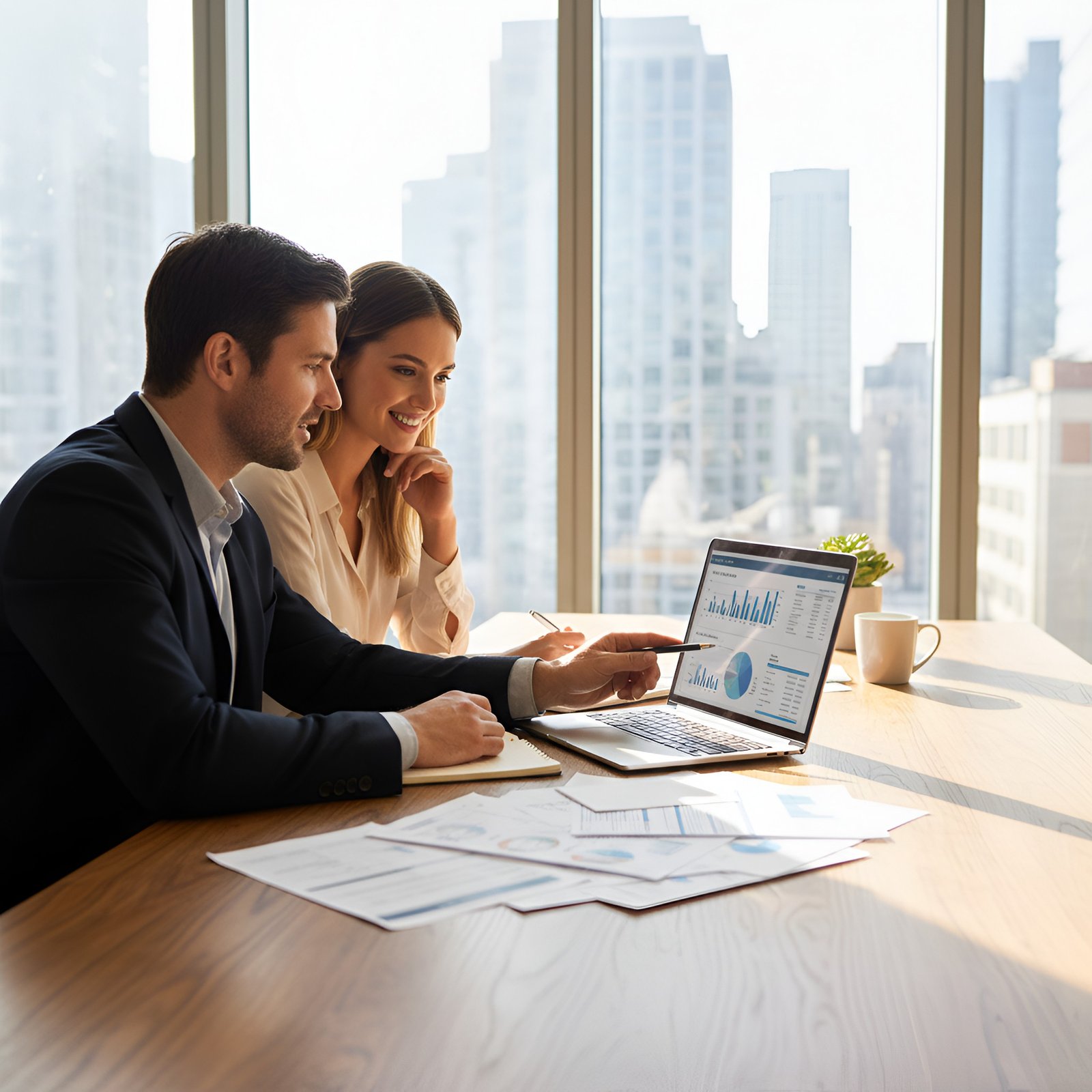 A man and woman in business attire sit at a desk in a bright California office, looking at a laptop with graphs, with papers spread out and a city view outside.