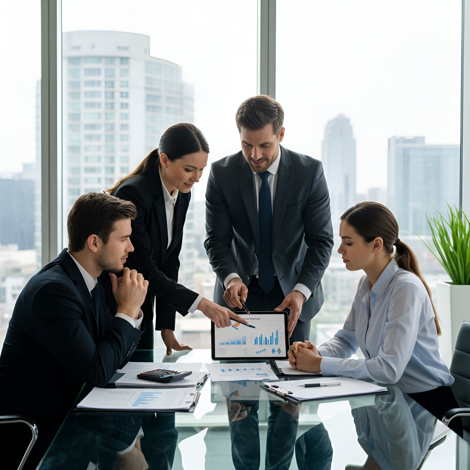 Four mortgage brokers in formal attire discuss a tablet showing bar graphs in a modern California office with large windows and a city view.