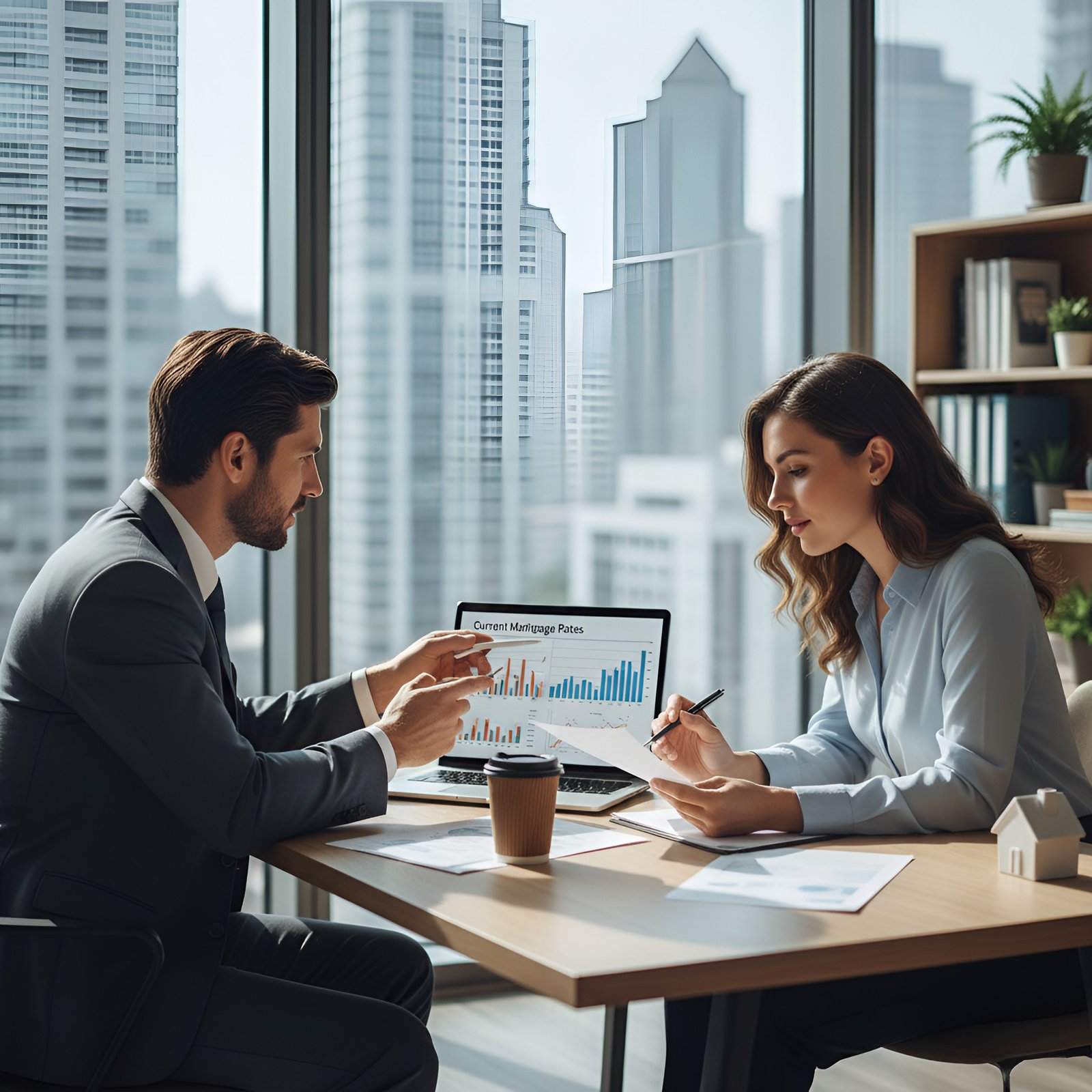 A man and woman in business attire review a document in a modern California office, with a laptop showing mortgage rate charts.