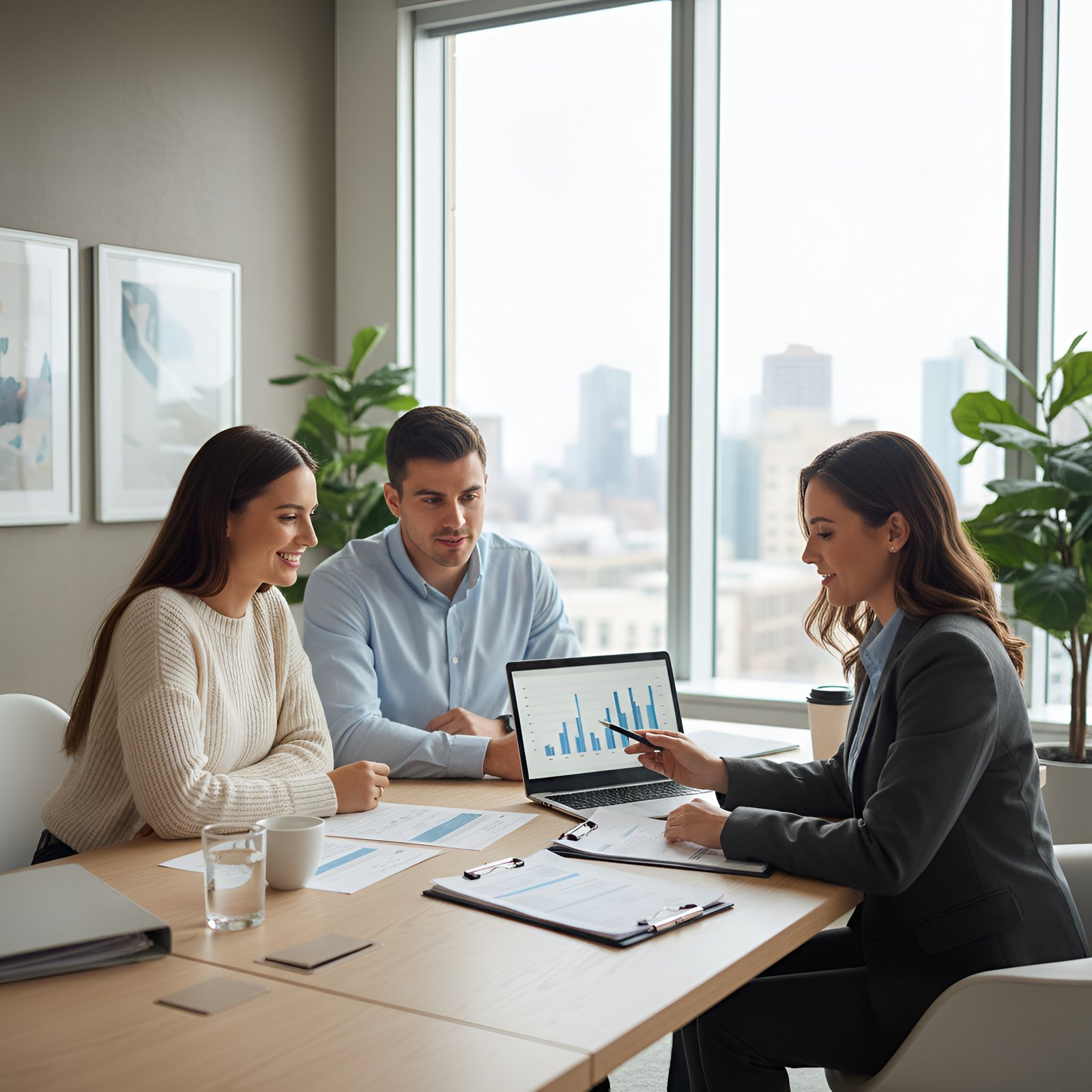 California business meeting with three people in a bright, modern office. A woman in a suit points to a laptop graph while a smiling couple listens.